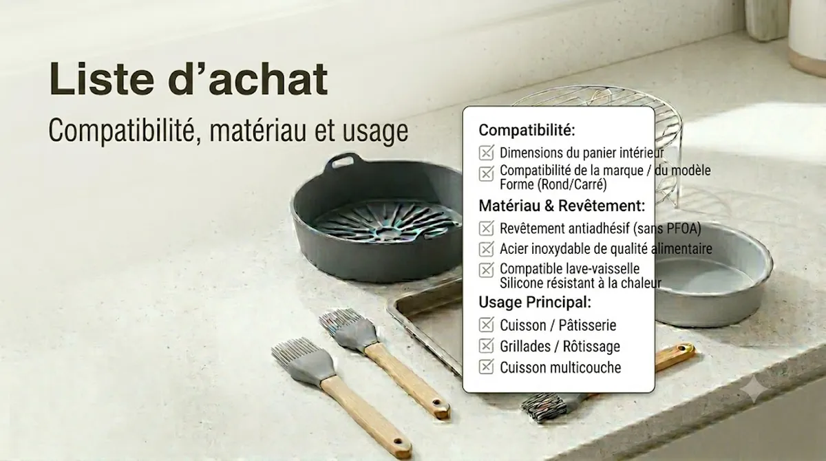 Liste d’achat d’accessoires pour friteuse sans huile avec critères de compatibilité, matériau et usage