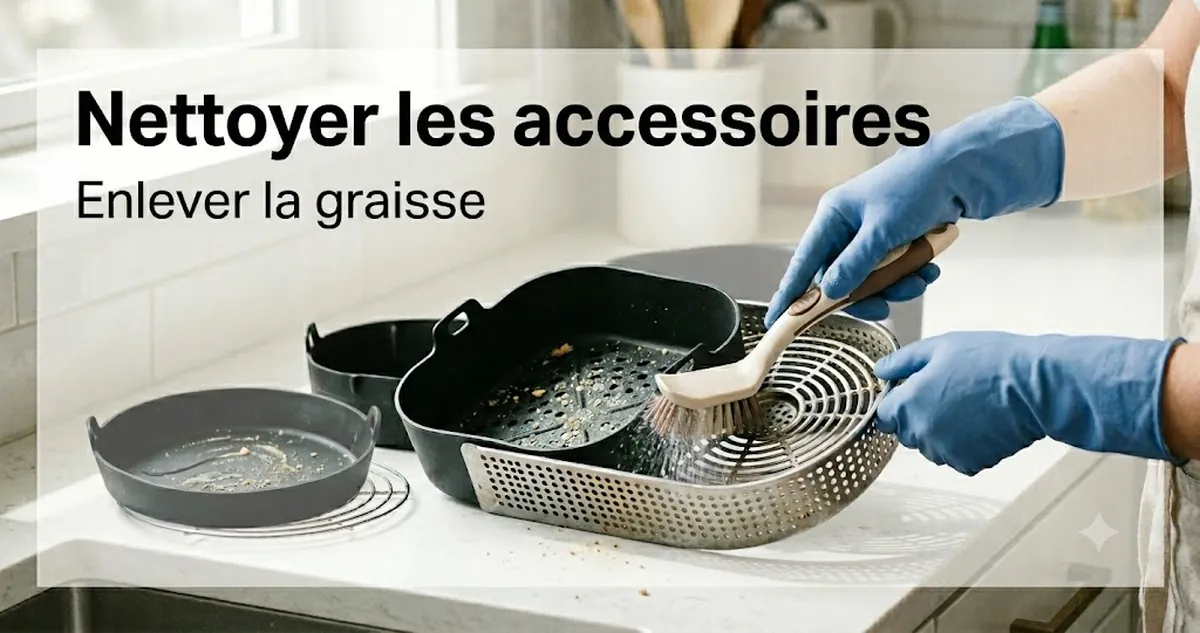 Accessoires pour friteuse sans huile nettoyés avec une brosse et un revêtement amovible après cuisson