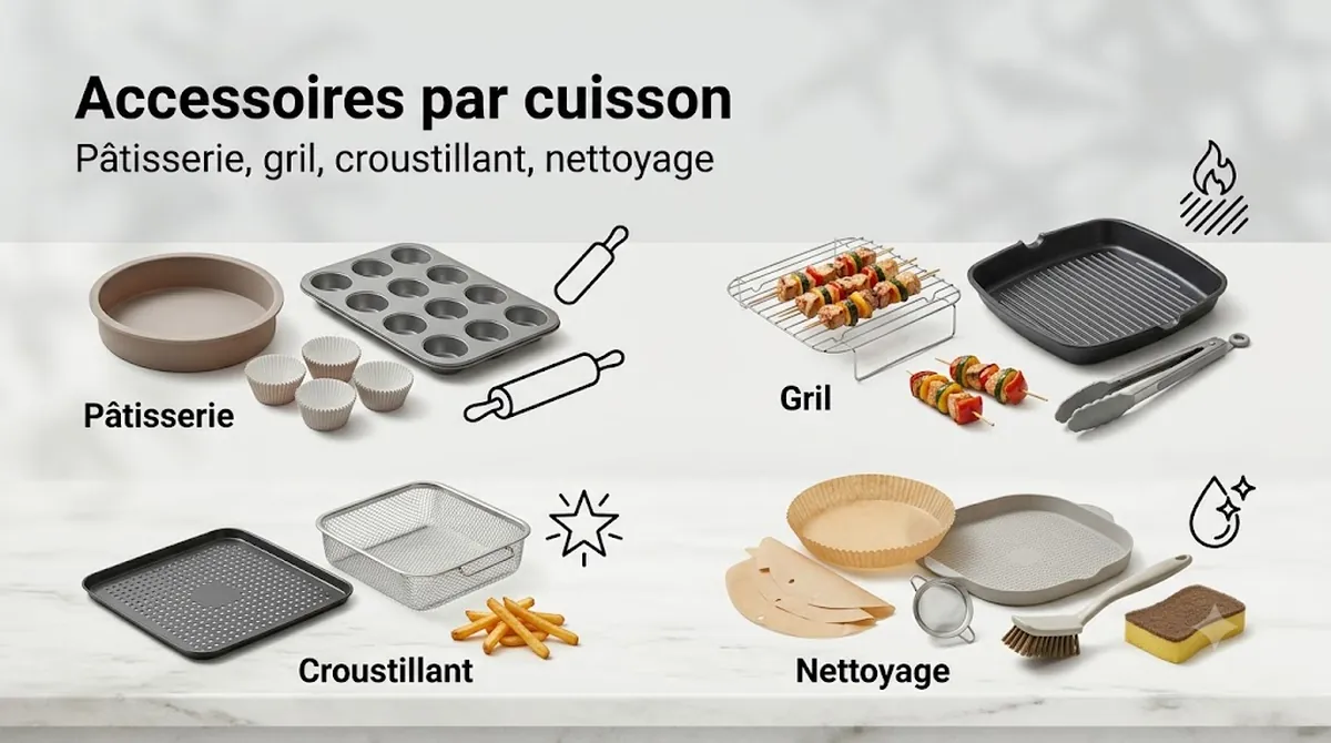 Accessoires pour friteuse sans huile associés à la pâtisserie, au gril, au croustillant et au nettoyage