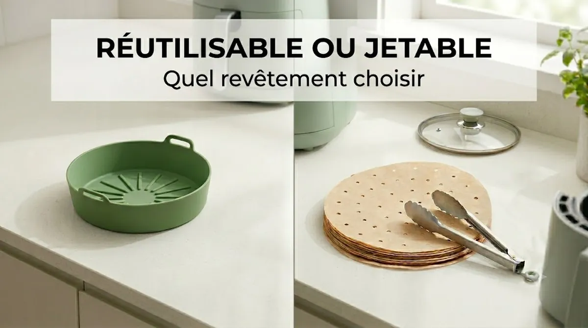 Revêtement réutilisable en silicone à côté de revêtements jetables en papier pour friteuse sans huile
