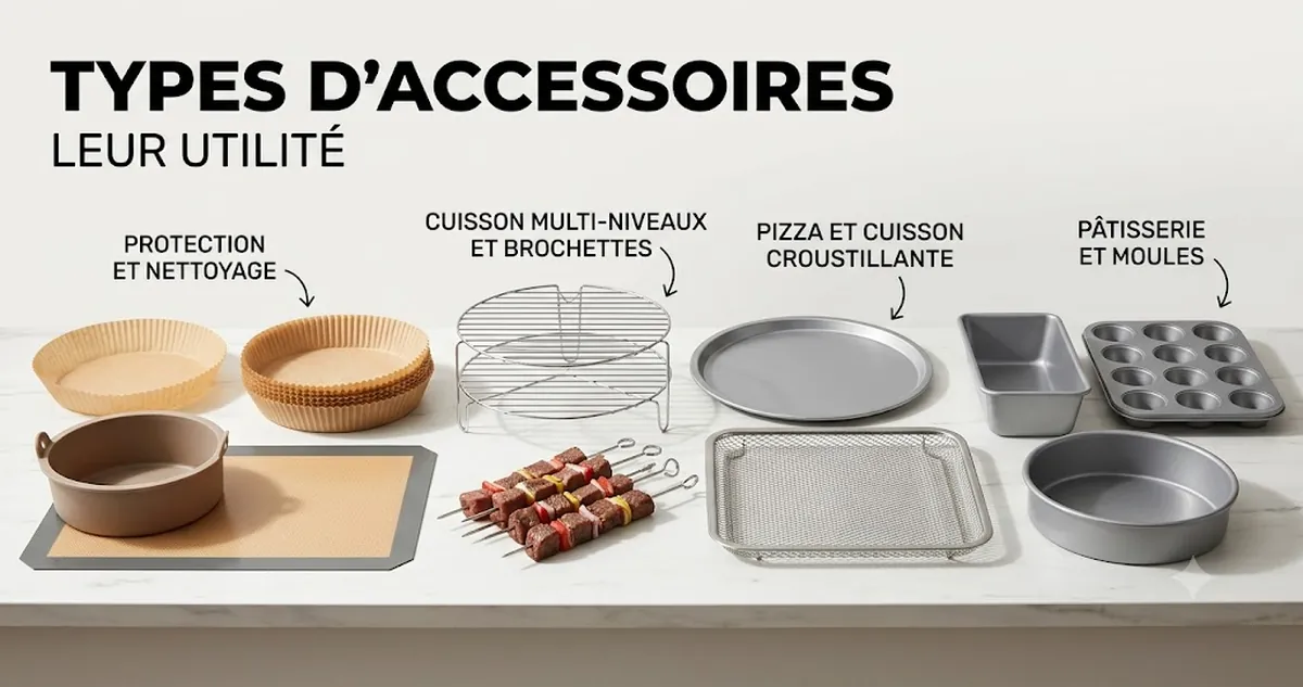 Types d’accessoires pour friteuse sans huile classés par fonction, avec revêtements, grilles, plaques et moules