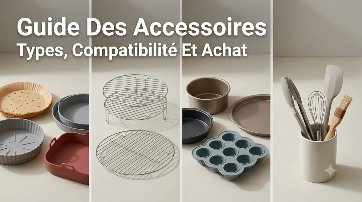Accessoires pour friteuse sans huile regroupés, avec revêtements, grilles, moules et ustensiles pour choisir les accessoires adaptés
