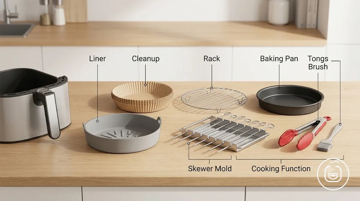 Peças comuns de kit de acessórios para air fryer identificadas por função de cozimento e limpeza
