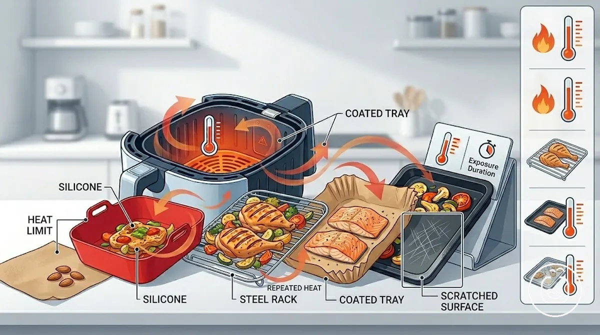 Gráfico comparativo mostrando classificação de calor e verificações de estabilidade do revestimento para acessórios de air fryer