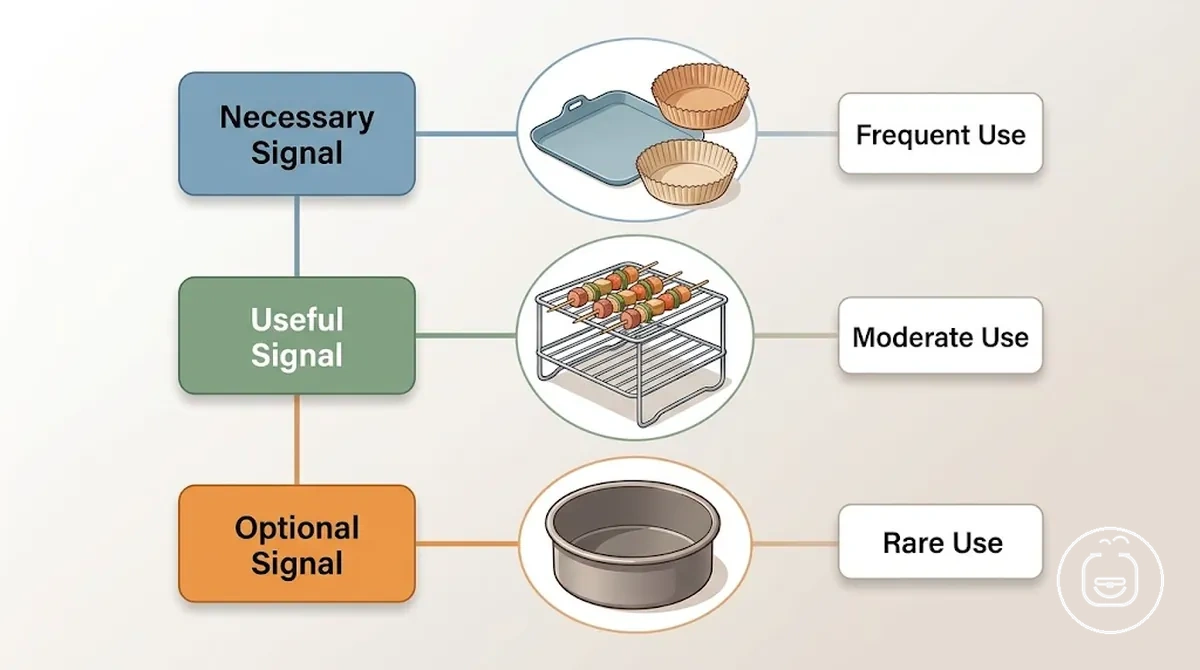 Classificação de acessórios mostrando sinais necessário, útil e opcional no uso da air fryer