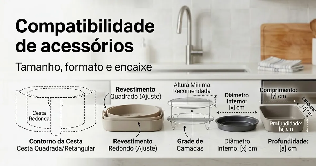 Acessórios para air fryer mostrados com referências de tamanho, formato e encaixe no cesto