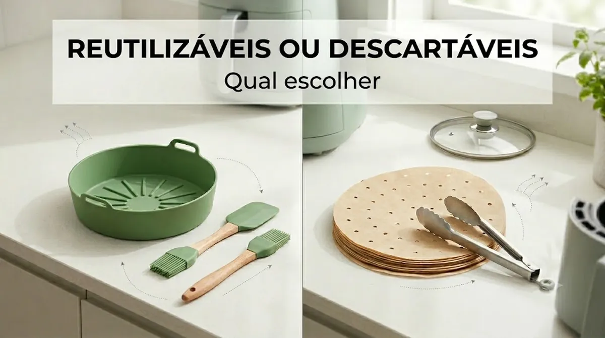Forro reutilizável de silicone ao lado de forros descartáveis de papel para air fryer