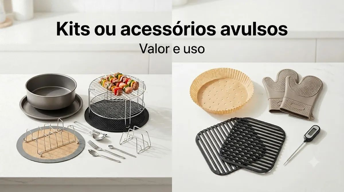 Kit de acessórios para air fryer mostrado ao lado de acessórios avulsos para comparar valor e uso