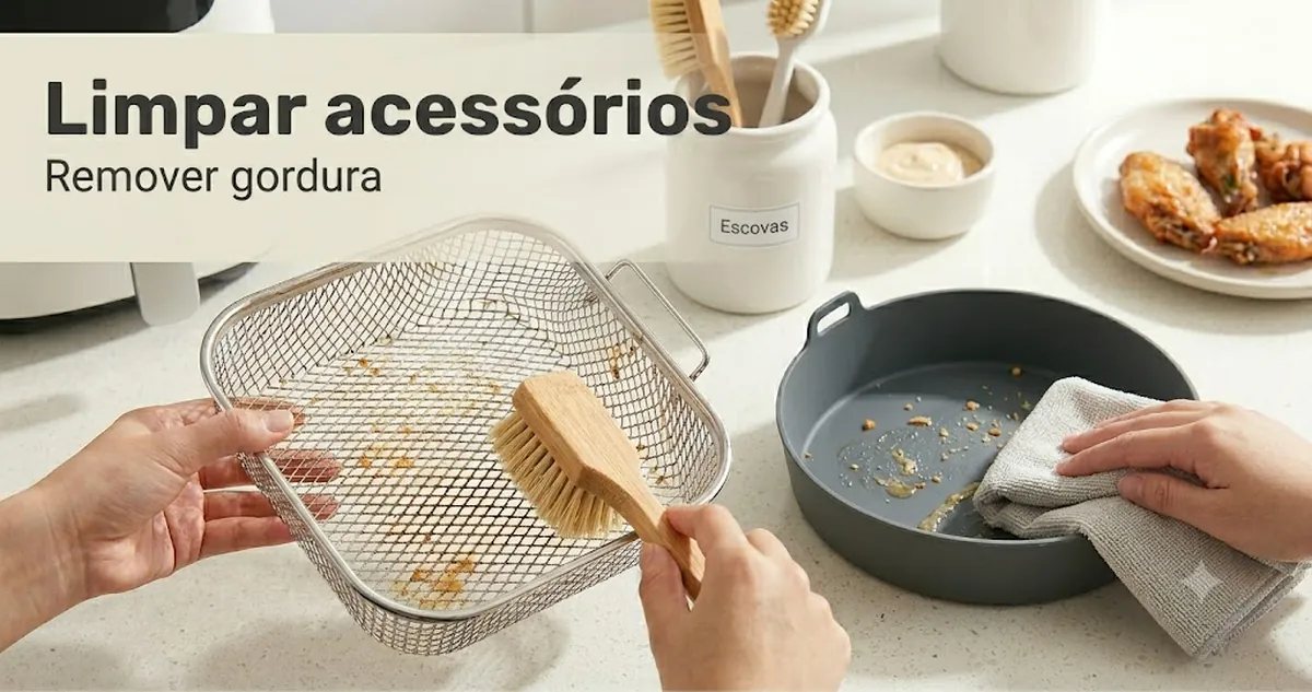 Acessórios para air fryer sendo limpos com uma escova e um forro removível