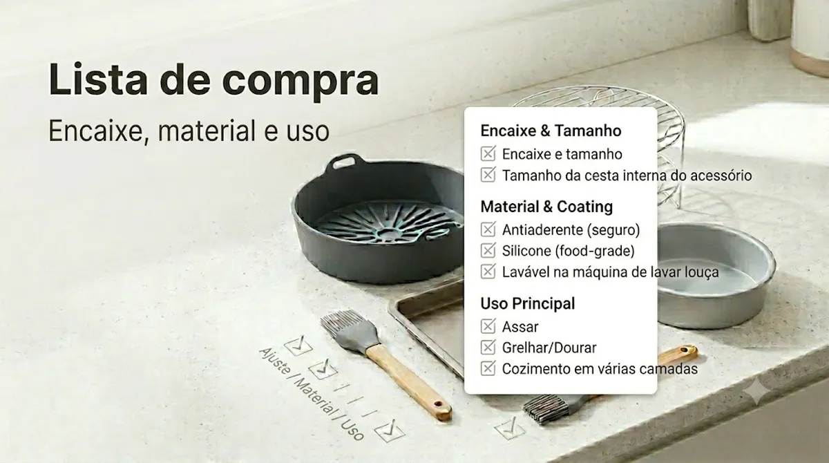 Lista de compra de acessórios para air fryer com critérios de encaixe, material e uso