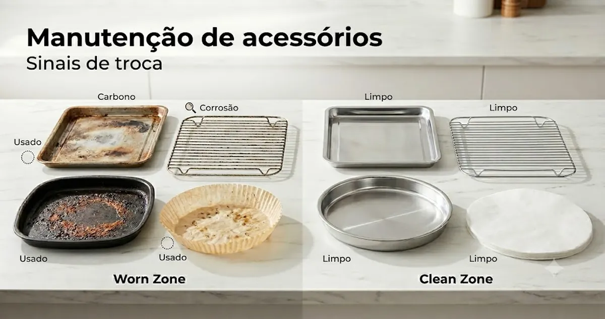 Acessórios de air fryer usados e limpos comparados para mostrar sinais de manutenção e troca