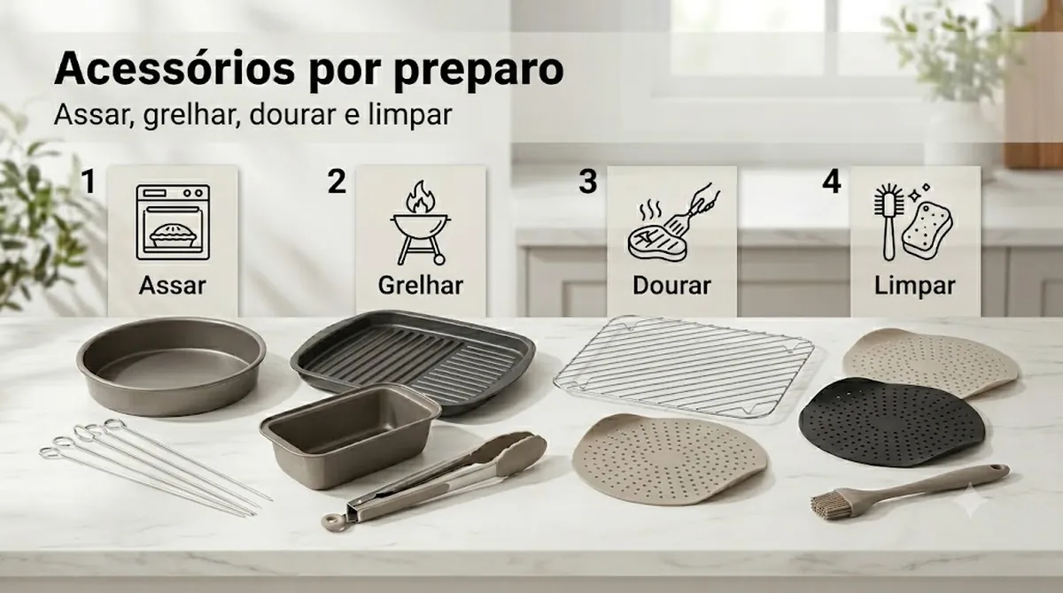 Acessórios para air fryer ligados a assar, grelhar, dourar e limpar