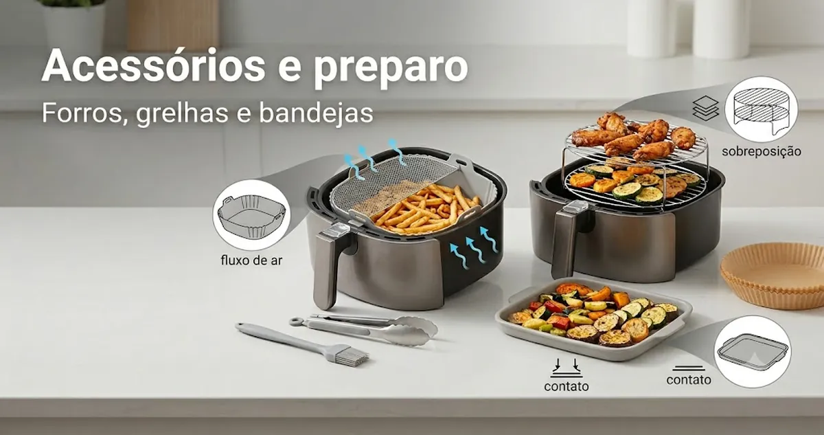 Acessórios para air fryer posicionados para mostrar como forros, grelhas e bandejas afetam o resultado do preparo
