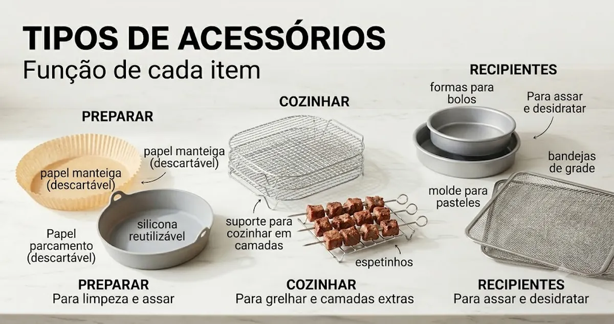 Diferentes tipos de acessórios para air fryer ordenados por função