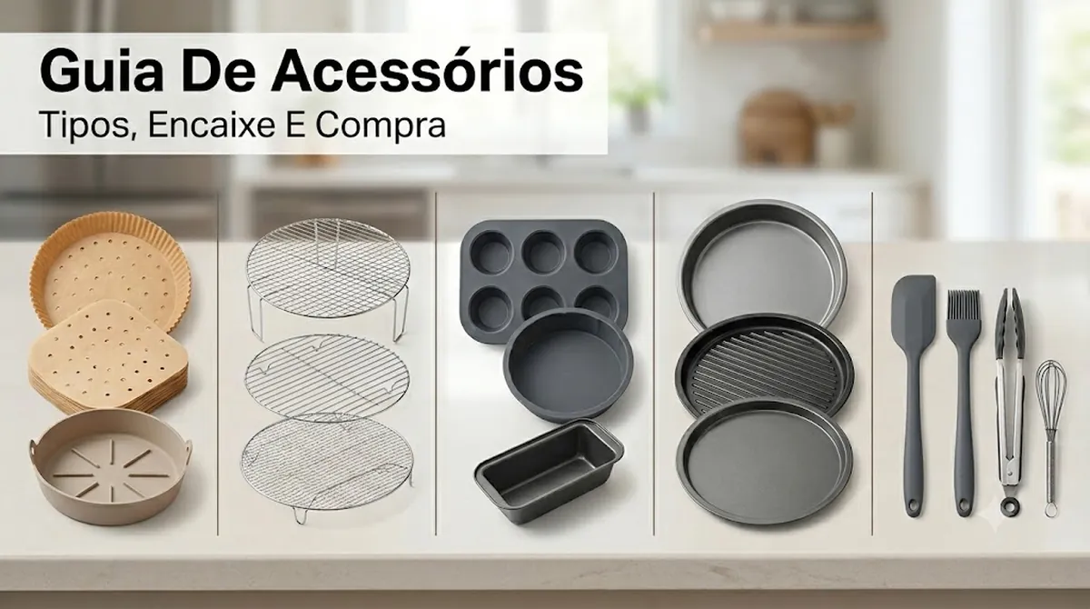 Acessórios para air fryer agrupados, com forros, grelhas, formas e utensílios