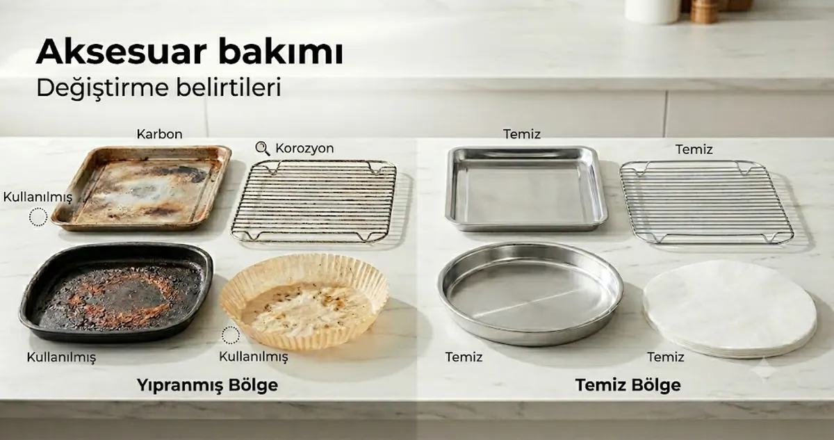 Bakım ve değiştirme belirtilerini göstermek için karşılaştırılan yıpranmış ve temiz air fryer aksesuarları
