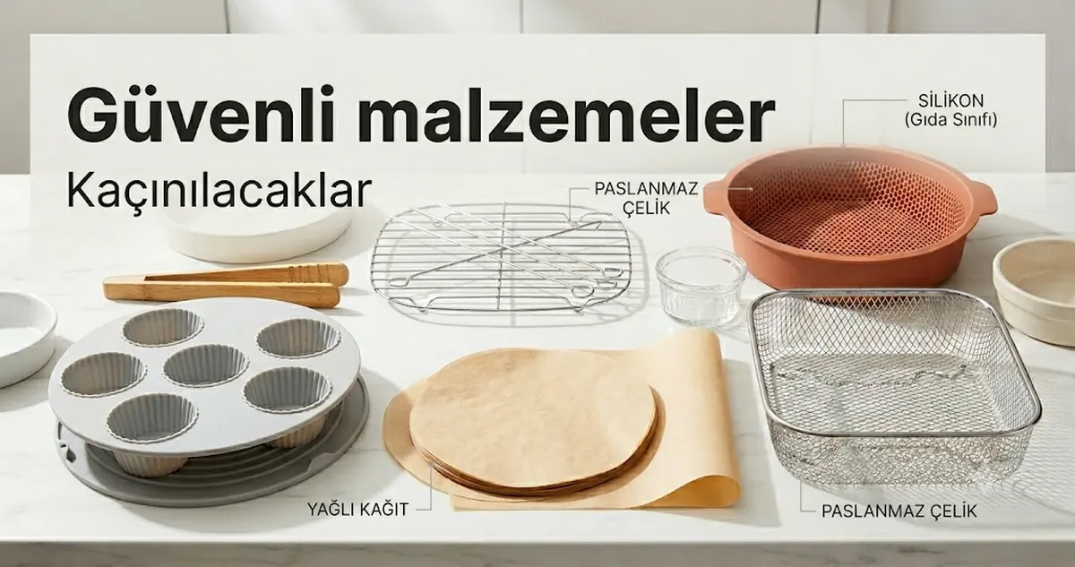 Silikon, paslanmaz çelik, pişirme kağıdı ve ısıya dayanıklı diğer malzemelerden air fryer aksesuarları