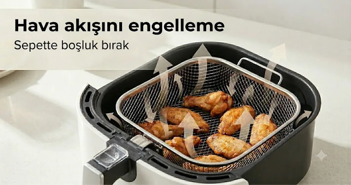 Hava akışı için boşluk bırakılarak sepete yerleştirilmiş air fryer aksesuarları