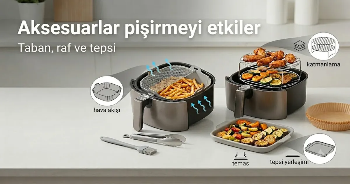 Taban, raf ve tepsilerin pişirme sonucuna etkisini göstermek için yerleştirilmiş air fryer aksesuarları