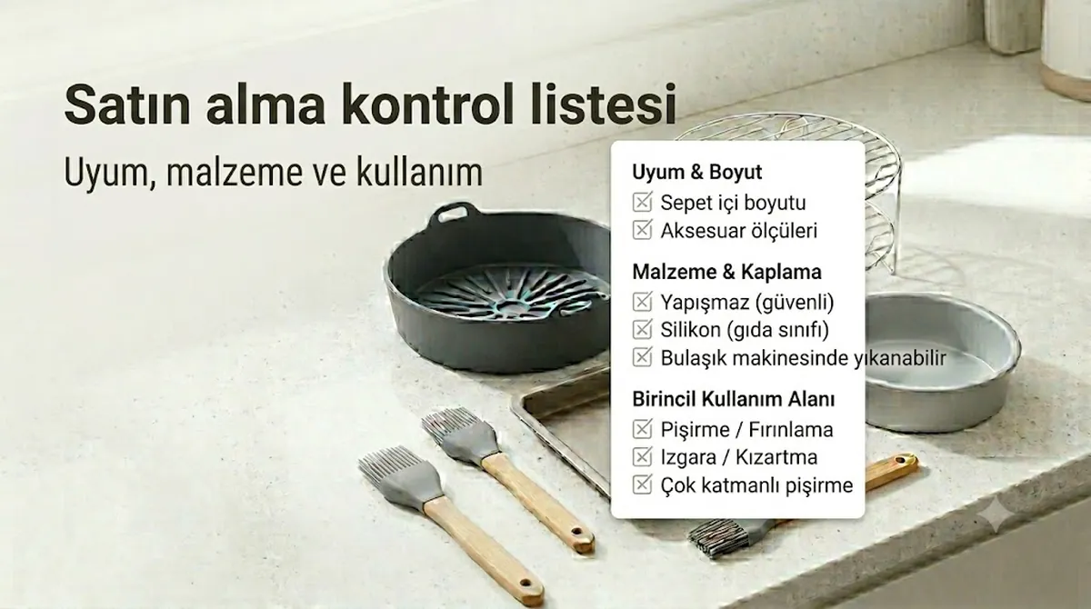 Uyum, malzeme ve kullanım kriterleriyle hazırlanmış air fryer aksesuar kontrol listesi