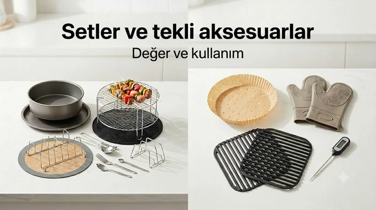 Değer ve kullanım karşılaştırması için tekli aksesuarların yanında gösterilen air fryer aksesuar seti