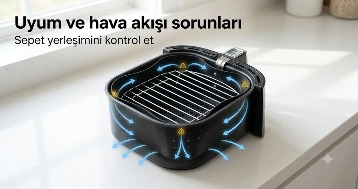 Sepet içinde taban ve rafla gösterilen air fryer aksesuarı uyum ve hava akışı sorunları