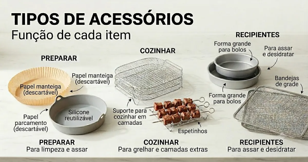 Taban, raf, tepsi ve kalıplar dahil farklı air fryer aksesuar türleri