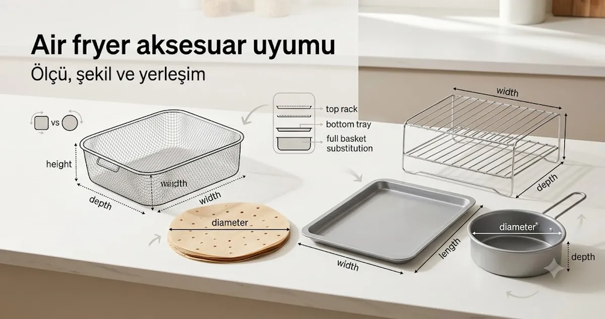 Sepete uyumu kontrol etmek için ölçü, şekil ve yerleşim bilgileriyle gösterilen air fryer aksesuarları