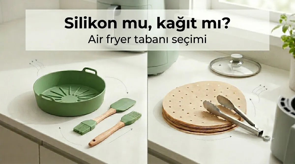 Karşılaştırma için yeniden kullanılabilir silikon air fryer tabanı ve tek kullanımlık kağıt tabanlar